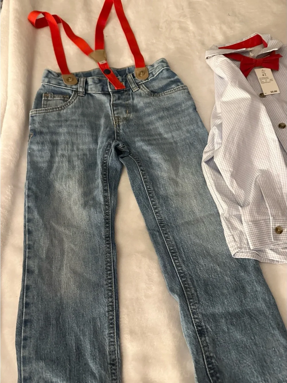 Cat & Jack Light Blue Button-Up Shirt with Light Wash Jeans and Red Suspenders